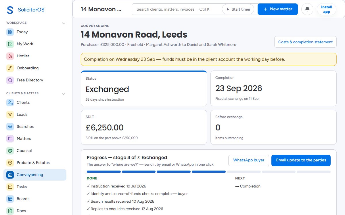 The SolicitorOS conveyancing file: the purchase price, the land tax due, HM Land Registry fee and the costs of the transaction