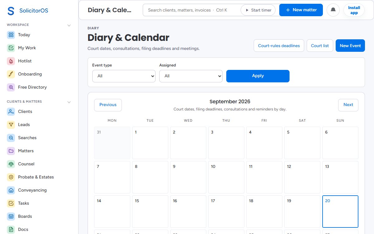 The SolicitorOS diary with court dates, deadlines and the court-day calculator