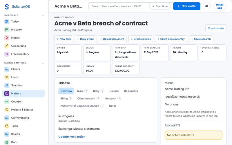 A matter page: owner, status, next step, next deadline, documents, unpaid fees and client money held