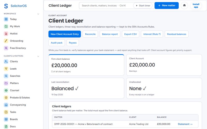 The client ledger with the firm balance, the bank account and client ledgers per matter